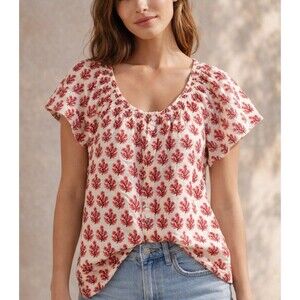 J.Crew Women's Floral Linen Blend Boho Red Cream Blouse Flutter Sleeves Size L